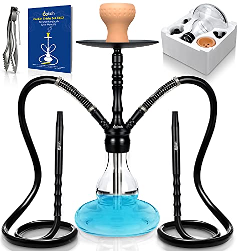 2021 Cookah NUEVO Cachimba 2 Mangueras & 2 Conexiones & 2 Boquillas, Shisha más Fácil de Tirar, Juego Completo de Pipa de Agua con Adaptador Corte 18/8, Cuenco de Barro, Alicates, CK02 Negro