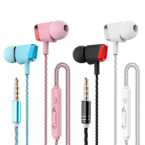 4 Pares Auriculares, CBGGQ Auriculares in-ear con micrófono, auriculares con cable de 3,5 mm para ajustar el volumen, estéreo, graves profundos, Aislamiento de Ruido, para IOS y Android smartphones