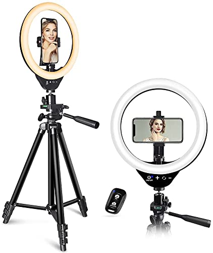 Anillo de Luz LED 10'' con Trípode y Soporte Teléfono, Sunup Aro de Luz Selfie para Fotografia/Youtube Video/Maquillaje/Móvil, Compatible con Teléfonos y Cámaras, Versión 2020 (Cargador Adaptador)