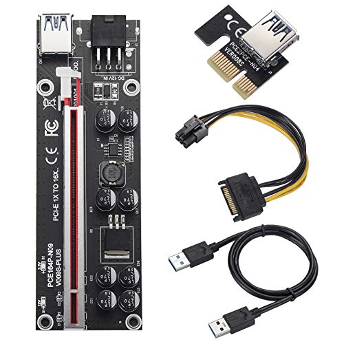 BEYIMEI VER009S PCIE Riser 1x a 16x Extensión Gráfica Tarjetas para Minería Bitcoin GPU Mining Powered Riser Adaptador, 8 Condensadores Sólidos, Cable USB 3.0 de 60 cm, Cable SATA de 6-Pin a 15-Pin