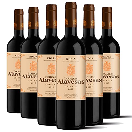 Bodegas Alavesas – Vino Tinto Crianza 2018 Denominación de Origen Calificada Rioja, Variedad Tempranillo, 12 meses en barrica – Caja de 6 botellas x 750 ml – Total: 4500 ml