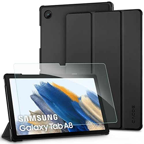 CACOE Funda Compatible con Samsung Galaxy Tab A8 10.5 Pulgadas 2021 Tableta SM-X200/SM-X205 con Cristal Blindado, Ultra Slim PU Protectora Carcasa con Función de Soporte, Negro