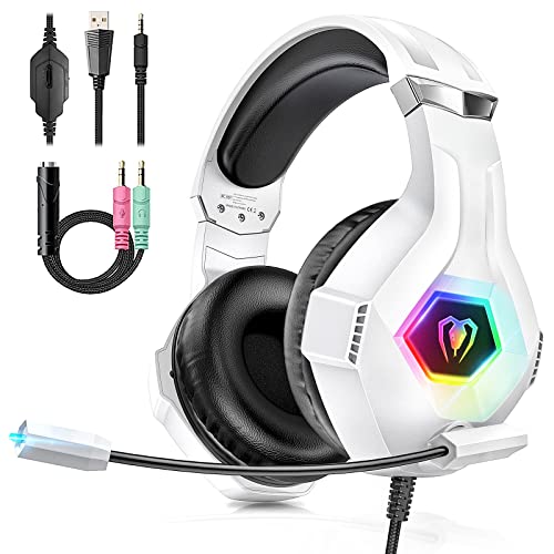 Cascos Gaming con Micrófono Suave, Luz RGB, Sonido Envolvente Claro, Orejeras Ligero Cómodo Ajustable, Auriculares Gaming Blanco para PS5 PS4 PC Xbox One/X/S Switch Tableta Laptop