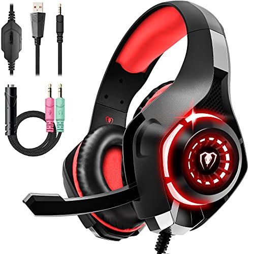 Cascos Gaming Premium Stereo con Microfono para PS4 PS5 PC Xbox One, Auriculares Gaming con Bass Surround Cancelacion Ruido, Diadema Acolchada y Ajustable