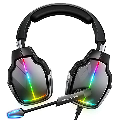 Cascos Gaming PS4, Giratorio de 90 y 4 Modos de Iluminación RGB Auriculares Gaming, Transductores 50mm, Micrófono con Premium Estéreo, Compatibles con PS4, PS5, Xbox One, PC, Switch