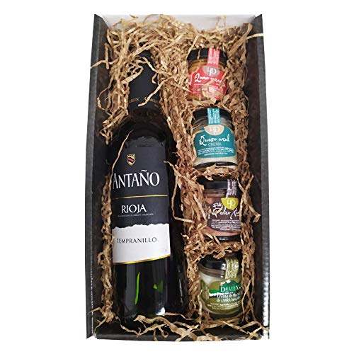 Cesta Gourmet Deliex con Vino Rioja Antaño de 37,5 cl mediana, 2 patés de Lomo Ibérico 30 g y Paté al Pedro Ximénez 30 g, 2 Cremas de Queso Deliex caja pequeña..