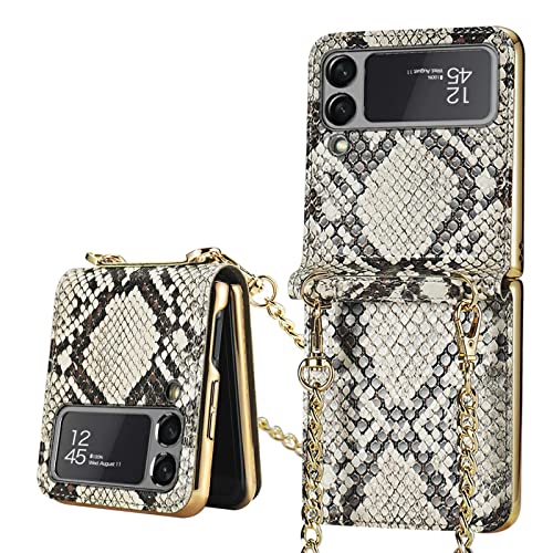 Coque Funda Samsung Galaxy Z Flip 3, Estuche de Cuero con Textura de Belleza para Mujer, Carcasa Dorada,Funda Plegable para teléfono para Samsung Galaxy Z Flip 3 5G-Patrón de Python