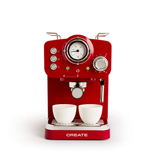 CREATE / THERA RETRO / Cafetera Express Roja para Espresso y Cappucino / 1100W, 15 Bares, Vaporizador Orientable, capacidad 1.25l, Café Molido y Monodosis, Con Doble Salida.