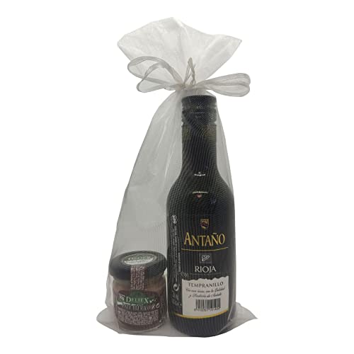 Detalles para bodas, comuniones, bautizos y eventos en general con mini botella de vino Rioja Antaño 18,7 cl y paté ibérico de 30 gr en bolsa de organza.