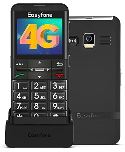 Easyfone Prime-A7 4G Teléfono Móvil para Personas Mayores con Teclas Grandes, Botón SOS con GPS, Compatible con Audífonos, Batería de 1500 mAh con Base de Carga, Sin Contrato (Negro 4G LTE)