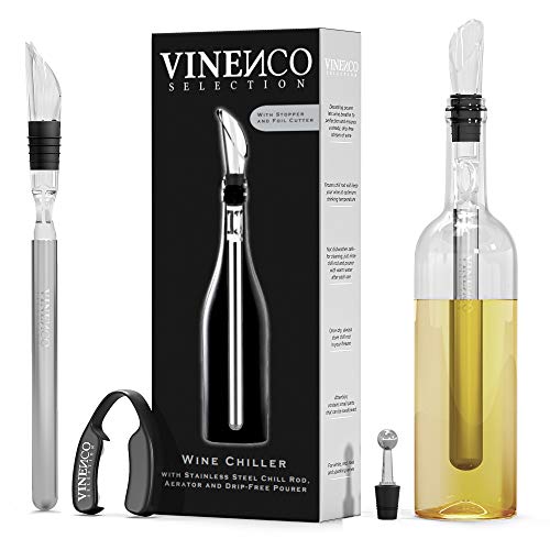 Enfriador de Botellas de Vino Blanco, 3 en 1 Kit: Juego de Refrigeración (Acero) de Calidad + TapónDecantador + Aireador | Accesorios Bar, Idea Regalo Mujer Hombre Cumpleaños Fiesta Amigo Barman