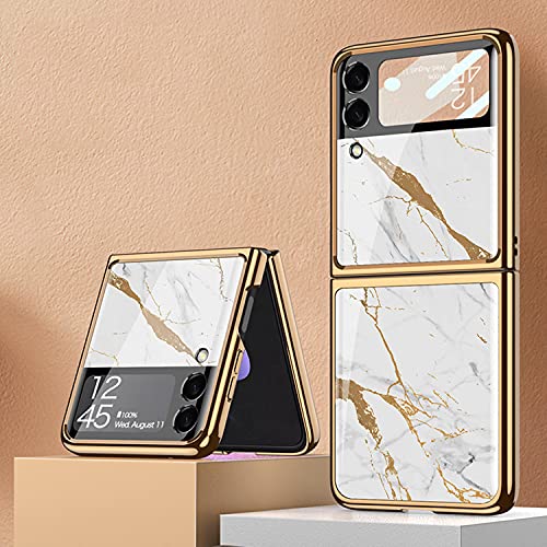 Funda Coque Galaxy Z Flip 3 5G, Carcasa para teléfono móvil Pintada Brillante de Cristal ultradelgada 9H, Funda Plegable para Samsung Galaxy Z Flip 3 5G-Marmoleado-Blanco Dorado