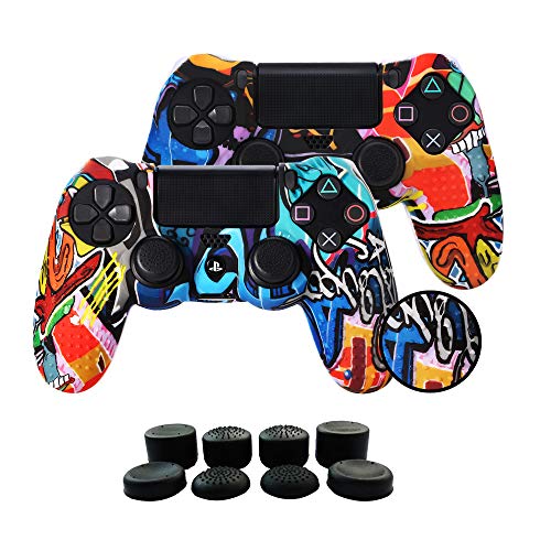 Fundas para Mando PS4/PS4 Pro/PS4 Slim Dualshock 4, Silicona Carcasa Protectora Antideslizante para Play 4/playstation 4( 2  vistoso Personalizado cubierta de Mando PS4 + 8  Grips para Pulgares PS4)