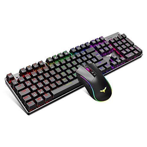 HAVIT Teclado mecánico Gaming y ratón Español, Retroiluminación Colores LED, Teclados Gaming PC con Cable, Azul Anti-Efecto Fantasma de 105 Teclas, Ratón Gaming programable 4800DPI - Negro