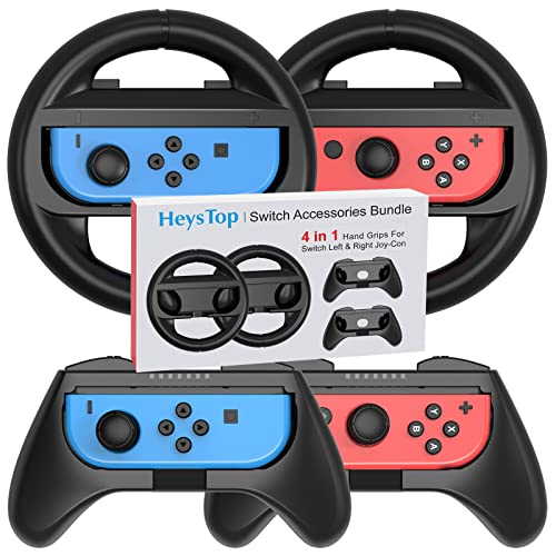 HEYSTOP Volantes y Grip para Switch y Switch OLED Modelo, Switch Grip Racing Wheel Volante, Mandos Grip para Mario Kart Juegos/Mandos Switch Deluxe 4 Piezas, Negro