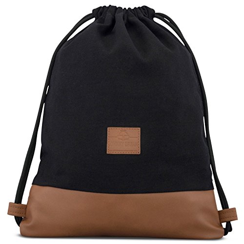 Johnny Urban Mochila de Algodón con Cordónes Negra / Marrón Bolsa de Lona con Bolsillo para Hombre & Mujer - Mochilas para Gimnasio, Deporte y Tiempo libre - con Cuero Vegano