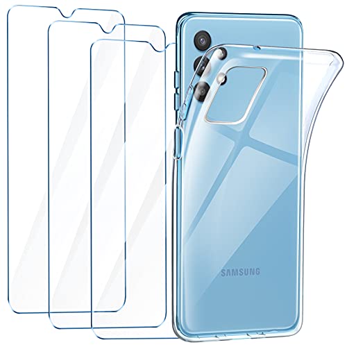 LeathLux Funda Samsung Galaxy A32 5G/M32 5G, 3 Pack Protector de Pantalla Samsung Galaxy A32 5G, Transparente TPU Silicona Funda con Cristal Vidrio Templado y Carcasa Samsung A32 5G/M32 5G 6.5
