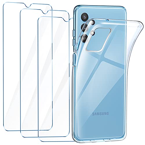 LeathLux Funda Samsung Galaxy A32 5G/M32 5G, 3 Pack Protector de Pantalla Samsung Galaxy A32 5G, Transparente TPU Silicona Funda con Cristal Vidrio Templado y Carcasa Samsung A32 5G/M32 5G 6.5