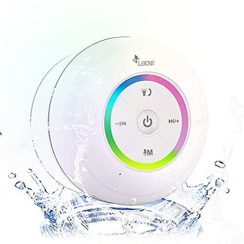 Leicke DJ Roxxx Impermeable Sonido estéreo inalámbrico Altavoz Ducha Bluetooth, MP3 Altavoz,Extra Bass,Lector microSD, Radio Obra, 8h de Música,Altavoz baño, movil, Incluye Ventosa, Altavoces Blancos