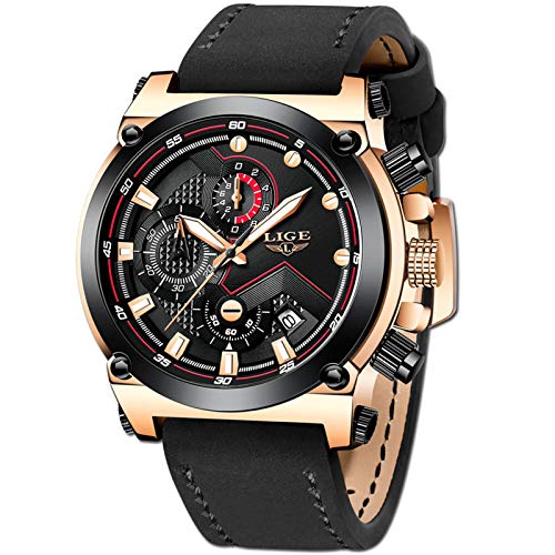 LIGE Hombre Relojes Moda Lujo Oro Reloj Hombres Negocios Clásico Negro Cuero Automática Fecha Relojes