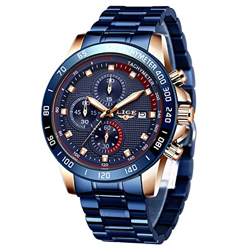LIGE Reloj para Hombre Cronógrafo Correa de Acero Inoxidable Impermeable Deportes Negocios Casual Caballero Reloj Azul