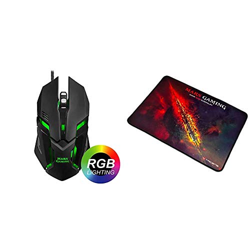 Mars Gaming MRM0 - Ratón PC, 4000DPI, óptico, iluminación RGB Flow + MMP1 Alfombrilla Gaming para PC (Máxima Precisión con Cualquier Ratón, Base de Caucho Natural