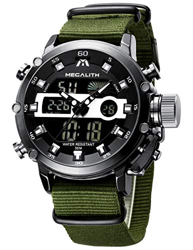 MEGALITH Relojes Hombre Digitales Militar Relojes Grandes LED Reloj de Pulsera Analogico Digital Deportivo Relojes de Hombre Nylon Impermeable Electrónico Cronometro Calendario - Verde Negro