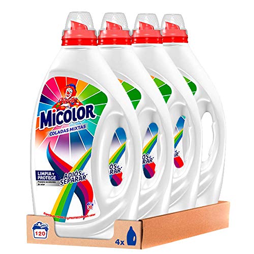 Micolor Gel Adiós Al Separar (30 lavados, pack de 4, total: 120 lavados), detergente líquido para lavadora con tecnología antitransferencia de colores, jabón para ropa de color