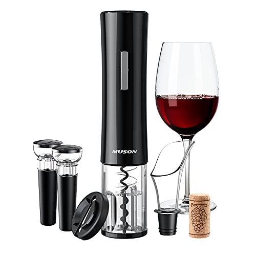 muson Abridor de Vino Eléctrico, Sacacorchos Automático con Cortador de Papel de Aluminio, 2 Tapones de Vacío, Aireador, Abridor de Botellas de Vino, Juego de Regalo 4 en 1 de Los Amantes del Vino