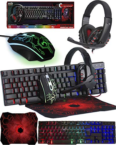 Orzly Teclado y Raton Gaming - Combo Ratón y Teclado USB [RGB LED Retroiluminación], Cascos Gamer, Alfombrilla de Ratón - Para Usuarios PC, Xbox y PS4 [Hornet RX250]