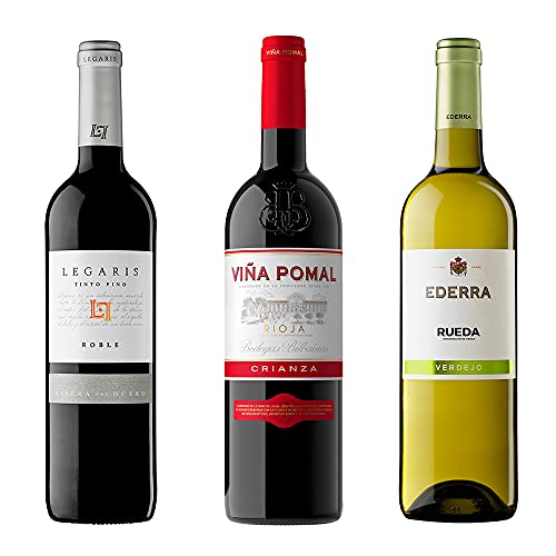 Pack degustación Vinos de España  (Legaris Roble Vino Tinto DO Ribera del Duero + Viña Pomal Crianza DO Rioja + Ederra Verdejo Vino Blanco DO Rueda) - 3 x 75 cl