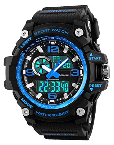 Relojes Deportivos para Hombre, Resistente al Agua Digital Militares Relojes con Cuenta atrás/Temporizador para los Hombres niños Grandes,LED de analógico Relojes de Pulsera para Hombre  Azul BHGWR