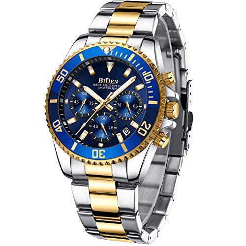 Relojes para Hombre cronógrafo de Acero Inoxidable Impermeable Fecha analógico Reloj de Cuarzo de Negocios Casual Moda Relojes para Hombres, Oro Negro, Pulsera