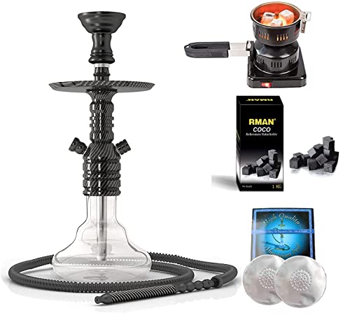 RMAN Cachimba Shisha Hookah Narguile Aluminio Set 38cm con Shiazo Piedras, Hornillo Eléctrico, Carbón, Boquillas