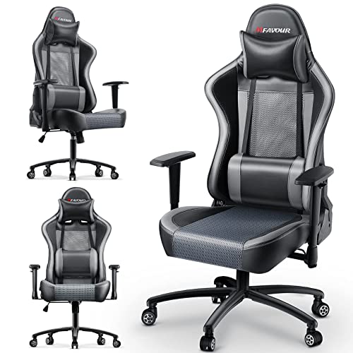 Silla Gaming, mfavour Sillas Gamer Transpirable Sillas para Gaming Ergonómica con Reposacabezas y Almohada Lumbar, Silla de Juego con Reposabrazos Ajustables, Inclinación del Respaldo 165 , Gris