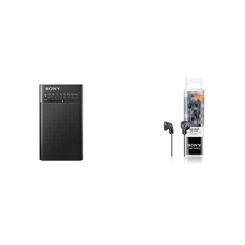 Sony ICF-P26 Radio portátil (con Altavoz y sintonizador Am/FM), Negro + MDRE9LPB Auriculares de Botón, Color Negro, In Ear