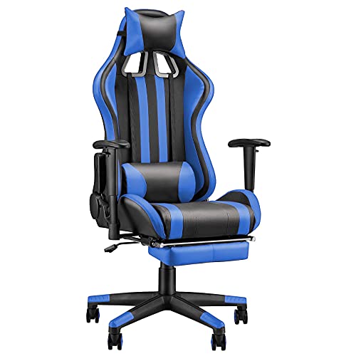 Soontrans Silla Gamer Ergonómica Silla Gaming con Reposapies, Reposacabeza y Cojín Lumbar, Reposabrazos Ajustable, Mecanismo de Inclinación, Carga máxima de 150 kg (Azul)