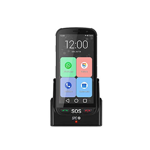 SPC Apolo - Smartphone para Personas Mayores con Whatsapp, botón SOS, Botones físicos para Colgar y descolgar, Base de Carga, Iconos XXL, Pantalla de 5, 16GB de Memoria Ampliable, Android 10 - Negro