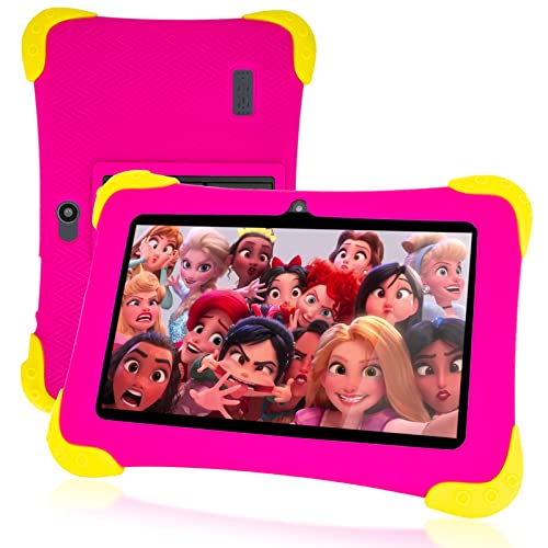 Tablet Niños 7 Pulgadas Pantalla HD Android 10.0 Quad Core Tableta para niños WiFi Cámara Dual PC Tableta 2GB + 32GB Funda Silicona Portátil Aprendizaje para niños Educativo Control Parental (Rosa)