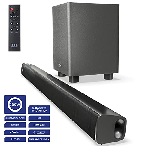 TD Systems SB120G11W - Barra de Sonido de 120W con subwoofer. Entrada Digital óptica, coaxial, HDMI, línea Jack 3.5, Bluetooth 5.0. USB Reproductor y Radio FM.