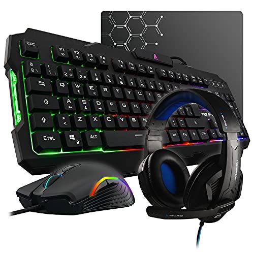 THE G-LAB Combo Argon E - Pack Gaming 4 en 1 - Teclado Gaming QWERTY  Incluye Ñ - Retroiluminado, Ratón Gaming de 3200 dpi, Auriculares Gaming, Alfombrilla de Ratón Antideslizante  PC PS4 Xbox One