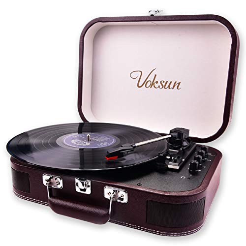 Tocadiscos de Vinilo, VOKSUN Tocadiscos Vintage Bluetooth Reproductor de Discos con 3 Velocidades 33/45/78 RPM, Altavoces Incorporadas, Grabación de Vinilo a Audio, Salida RCA/Aux in/USB/LP -Rojo Vino