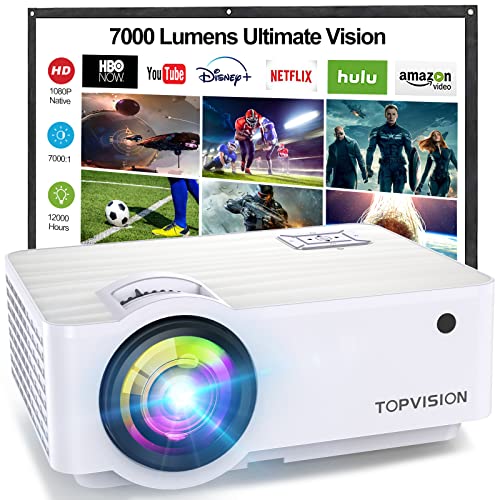 TOPVISION Proyector Cine en Casa de 7000 Lúmenes, 1080P Nativo Mini Proyector Portátil, Proyector LCD 1080P Full HD de 120000 Horas con Pantalla Máx de 300