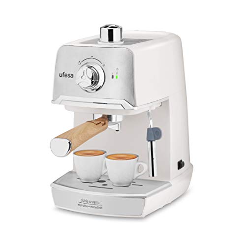 Ufesa CE7238 Cream Cafetera Expresso y Capuccino, Vaporizador Orientable, 20 Bares, 2 Modos: Café Molido o Monodosis, Depósito 1.2L, Función Calienta Tazas, 850W, Cream